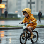 Questo puoi vederlo: un bambino che ride mentre corre sotto la pioggia leggera