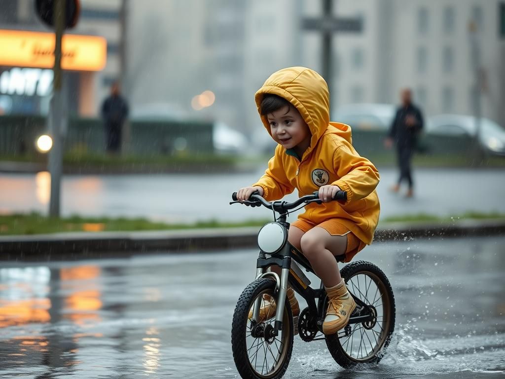 Questo puoi vederlo: un bambino che ride mentre corre sotto la pioggia leggera