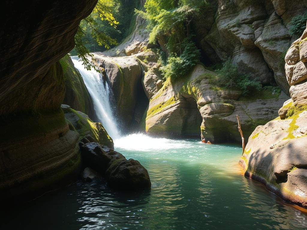 Questo puoi vederlo: una cascata nascosta tra le rocce verdi