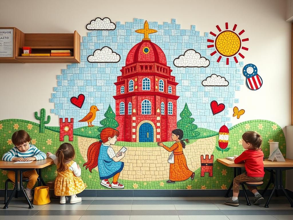 Questo puoi vederlo: un mosaico fatto da bambini su un muro di scuola